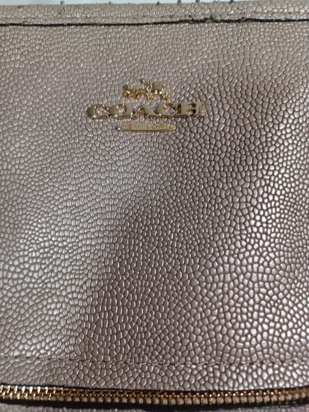 Coach Mickie 18x14 Zipper Pebbled Leather Tote Metallic Taupe Gold Hardware - Picture 5 of 16
